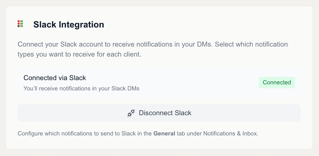 Slack integration showing Connected status