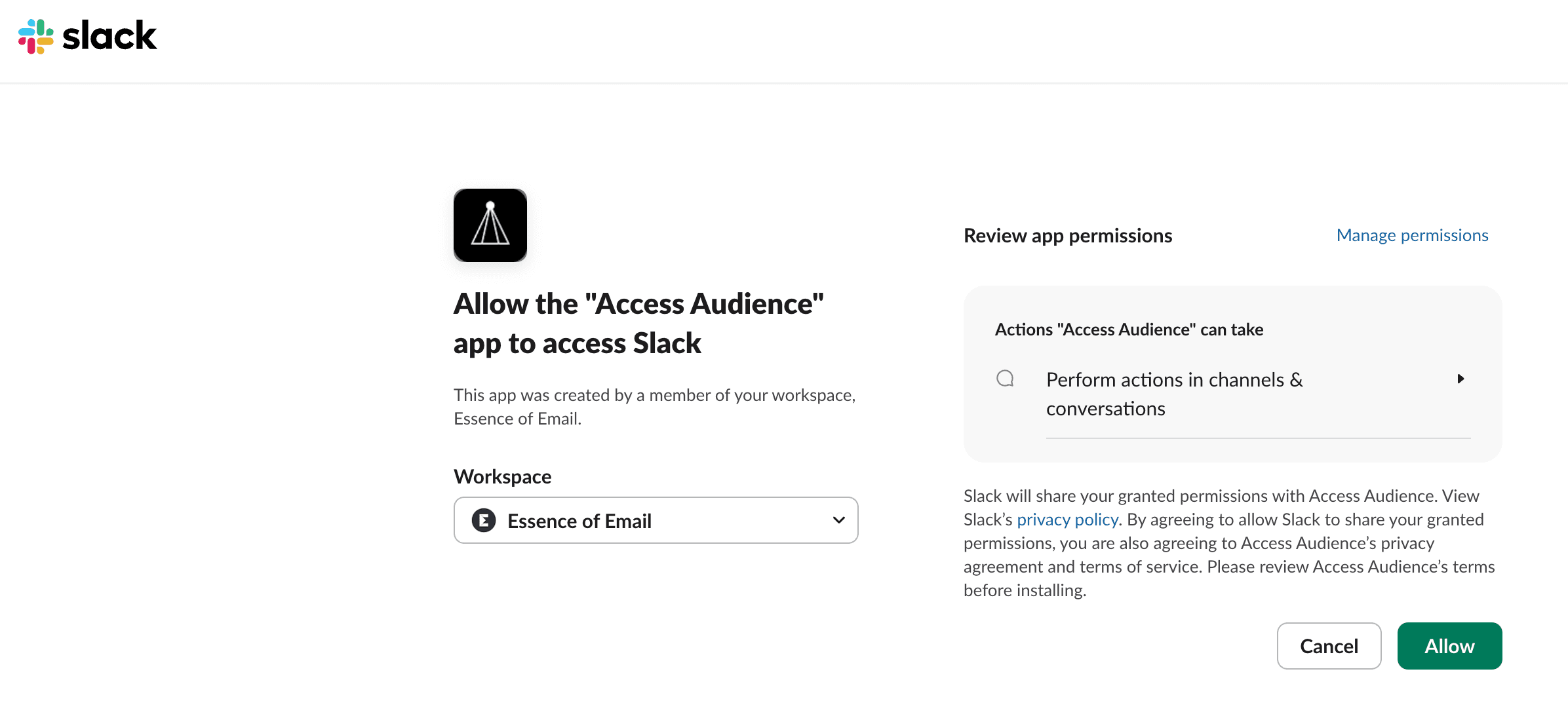 Slack OAuth screen for individual user connection